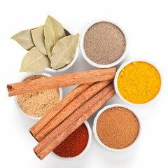  Different spices in white bowls isolated on white background.