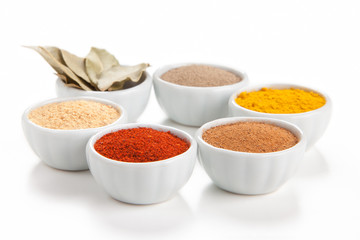  Different spices in white bowls isolated on white background.