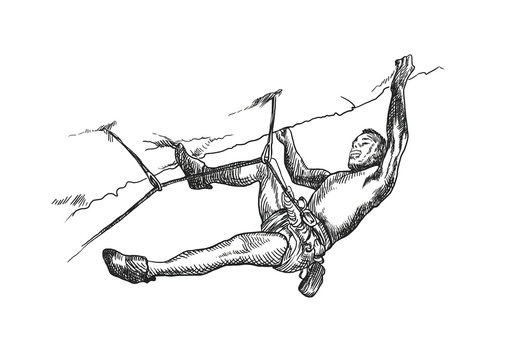 black and white climber hanging on rock clip art preview