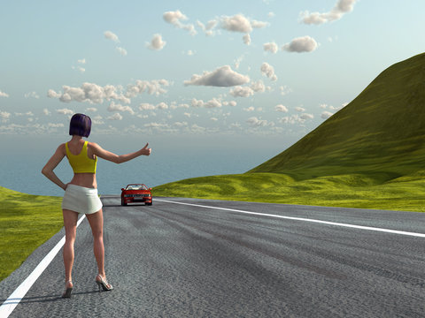 Hitchhiking girl on a road
