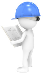 3D little human character The Builder looking at a blueprint.