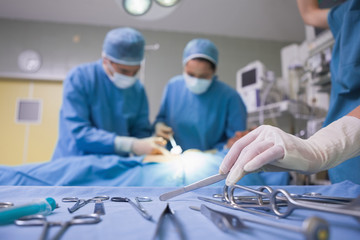 Focus shot of a surgical tray in an operating theater