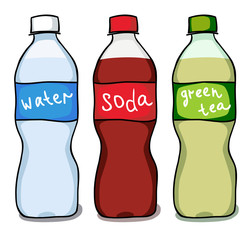 Set sketchs of water, soda and green tea bottles
