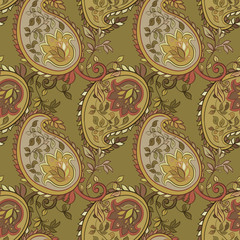 beautiful green paisley seamless background.