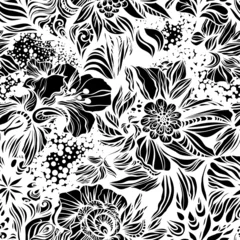 Papier Peint photo autocollant Fleurs noir et blanc Modèle sans couture floral abstrait de fantaisie.