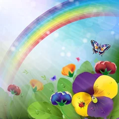 Poster Vlinders Bloemenachtergrond, regenboog, kleurrijke viooltjesbloemen