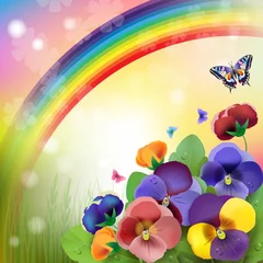 Fotobehang Vlinders Bloemenachtergrond, regenboog, kleurrijke viooltjesbloemen