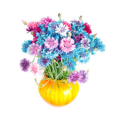 Bouquet of many beautiful multi-colored cornflowers flowers  in