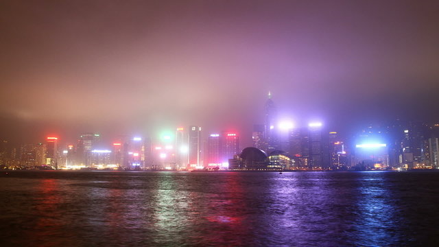 Hong Kong city sky line at night from Victoria harbour view