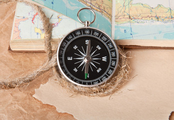 compass and a map of the rope on a light background