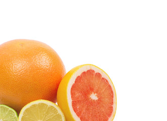 Image of a fresh whole lime, lemon and orange isolated on white