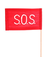 SOS signal written on red cloth isolated on white