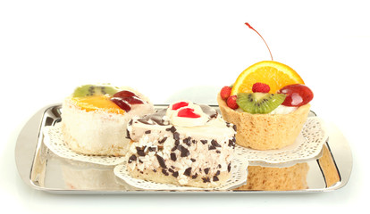 sweet cakes with fruits and chocolate