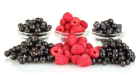 Fresh berries in transparent bowls isolated on white