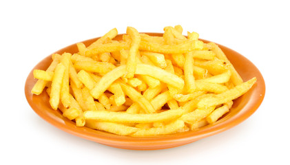 Potatoes fries in the plate isolated on white
