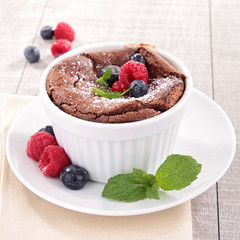 chocolate souffle with berries fruits