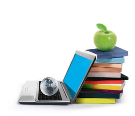 Books and laptop isolated