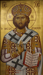 Fototapeta na wymiar Grecki bizantyjskiej ikony Jezusa Chrystusa z otwartymi Biblii w ręku