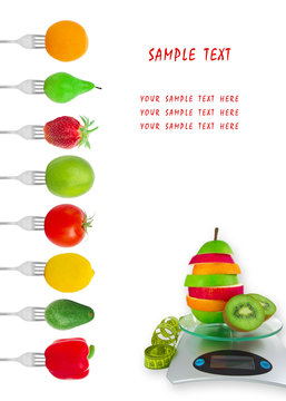 Dietary menu with vegetables and fruit on forks