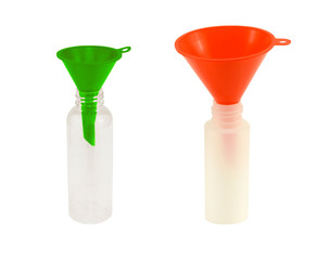 green and red funnel with bottles on a white background