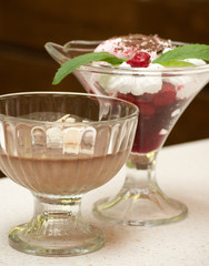 Delicious desserts with chocolate and cherry ice cream
