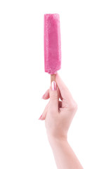Female hand holding pink ice cream