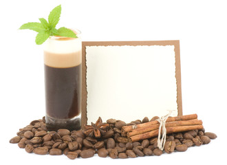 Tasty dessert with coffee beans and cinnamon