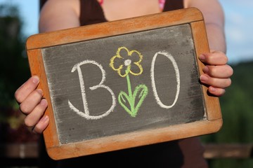 alte Schultafel mit Kreideschrift 'BIO'