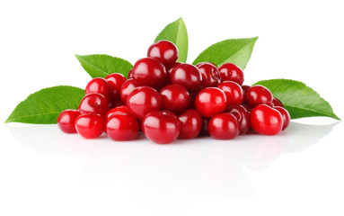 ripe cherry with green leaves isolated on white background