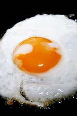 cooking frying egg with yolk on black pan