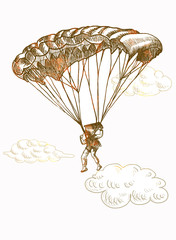 parachutist jumped from a plane, hand drawing