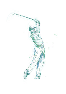 golfer swinging club, blue sketch clip art preview