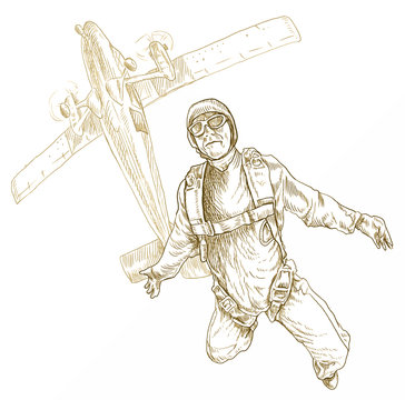 recommend clip art: parachutist, hand drawing, outlines isolated on white