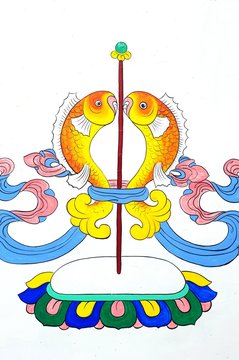 Ancient Tibetan wall painting art of golden fish