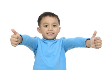 closeup portrait of little boy with big finger