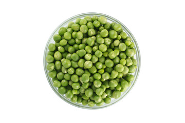 Green peas in a glass bowl. top view