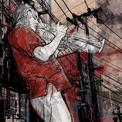 Door stickers Music band trumpeter on a grunge cityscape background