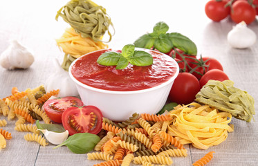 tomato sauce and raw pasta