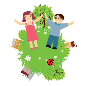 vector illustration of kids on a green planet