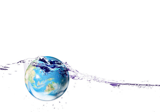 Wooden model with earth falls deeply under water with a splash.E