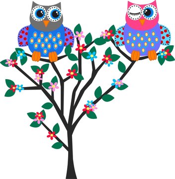 two colorful flirty owls
