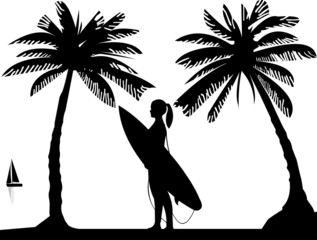 Beautiful young surfer girl standing on the beach silhouette
