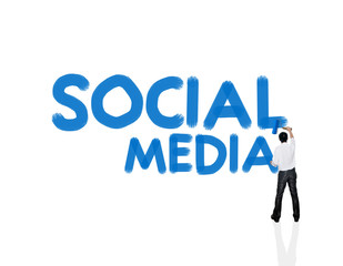 Business man paint social media word on white background