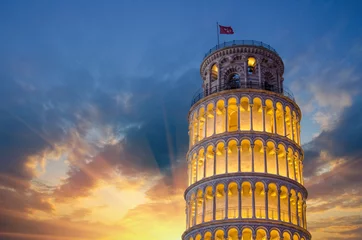 Fotobehang De scheve toren Tower of Pisa in Miracles Square, Illuminated at Night with suns