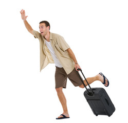 Worried tourist with wheels bag hurry to airplane