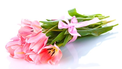 beautiful pink tulips isolated on white.