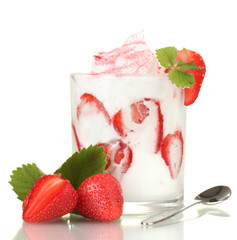 tasty yogurt in glass and strawberries isolated on white