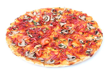 delicious pizza with vegetables and  salami isolated on white.