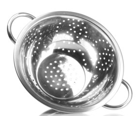 empty silver colander isolated on white