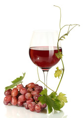 glass of wine and ripe grapes isolated on white